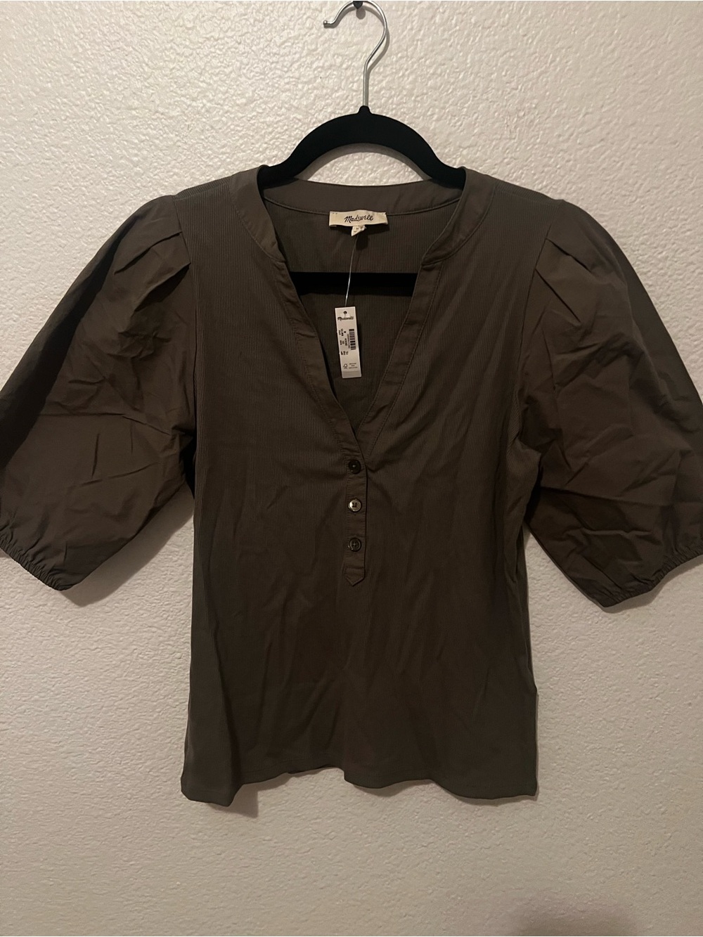 Madewell Olive Green Puff-Sleeve Henley Blouse
